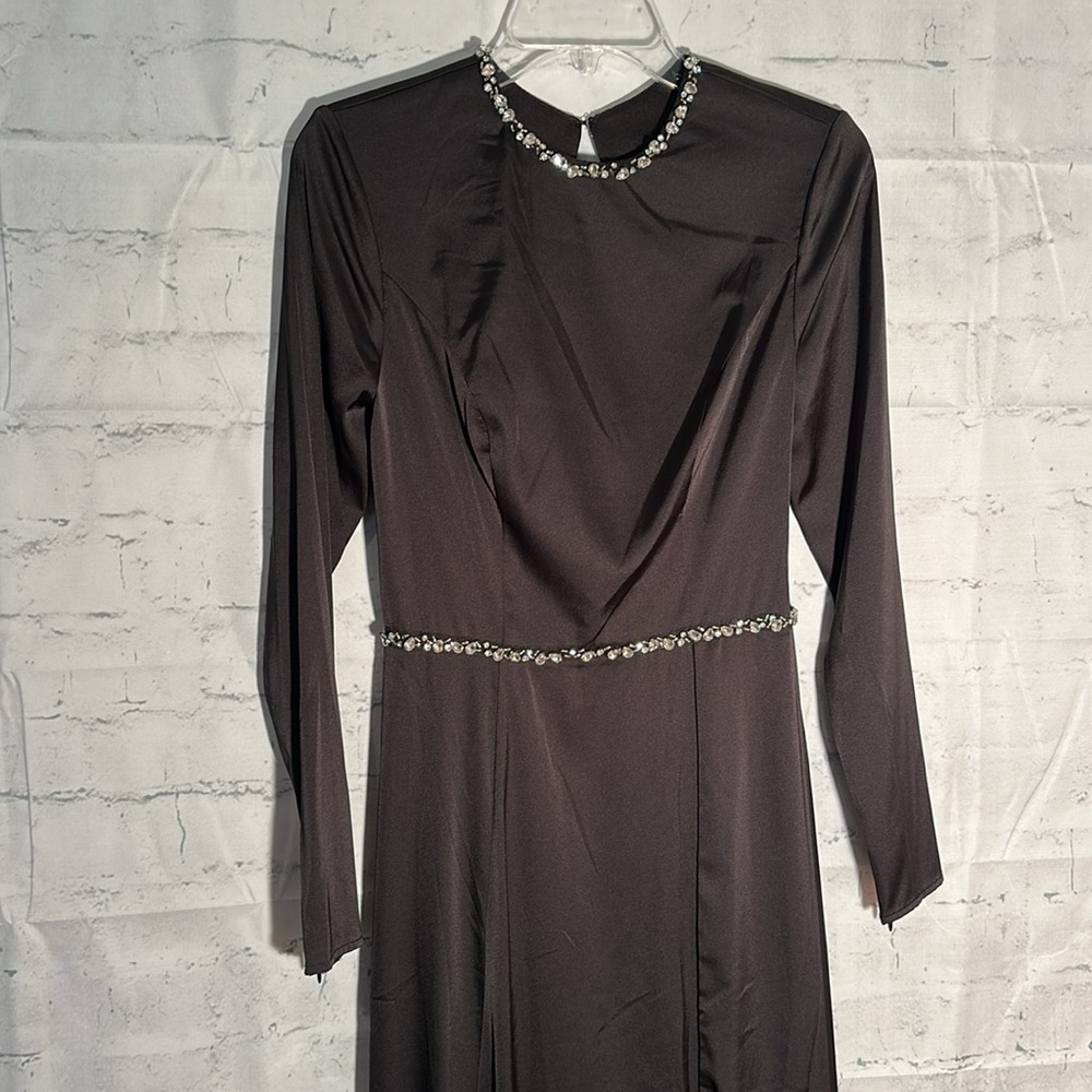 Mac Duggal by Ieena Crystal Trim Long Sleeve High Slit A-Line Gown - Picture 4 of 14